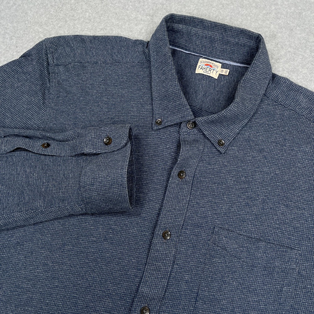 Faherty Houndstooth Flannel Shirt Mens XXL 2XL Blue Button Down Long Sleeve